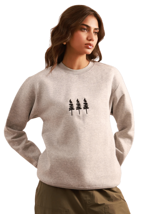 Galego Minimalist Pine Tree Graphic Sweatshirt Soft Grey