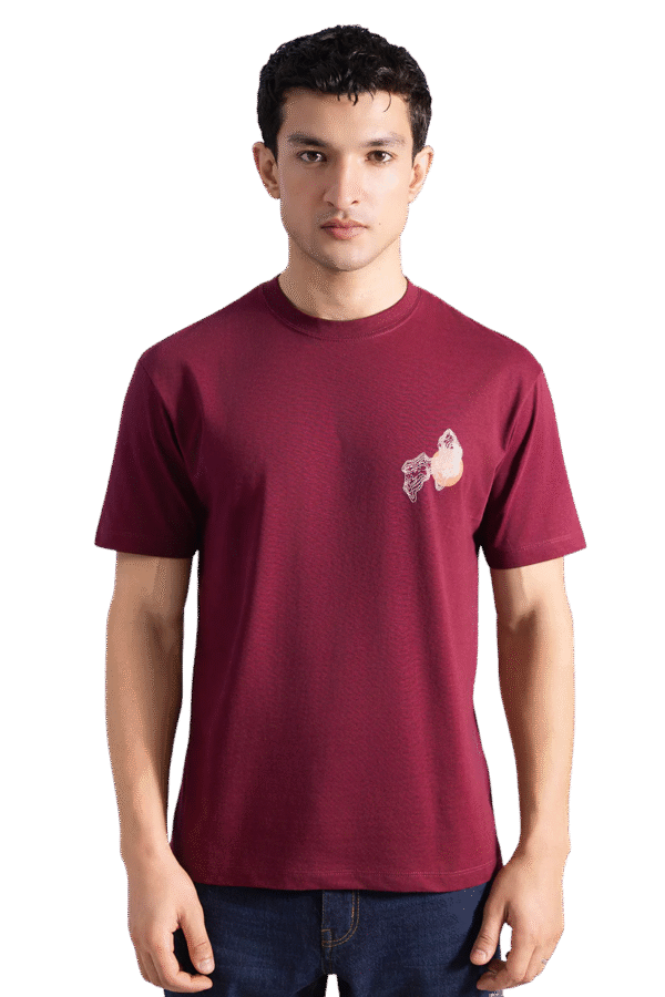 Gilego Men's Maroon Crew Neck Fleece T-Shirt